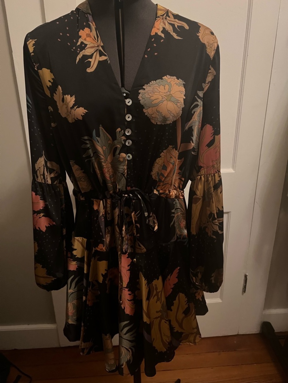 entro Black Floral Tie-Waist Midi Dress with Mustard and Pink Accents